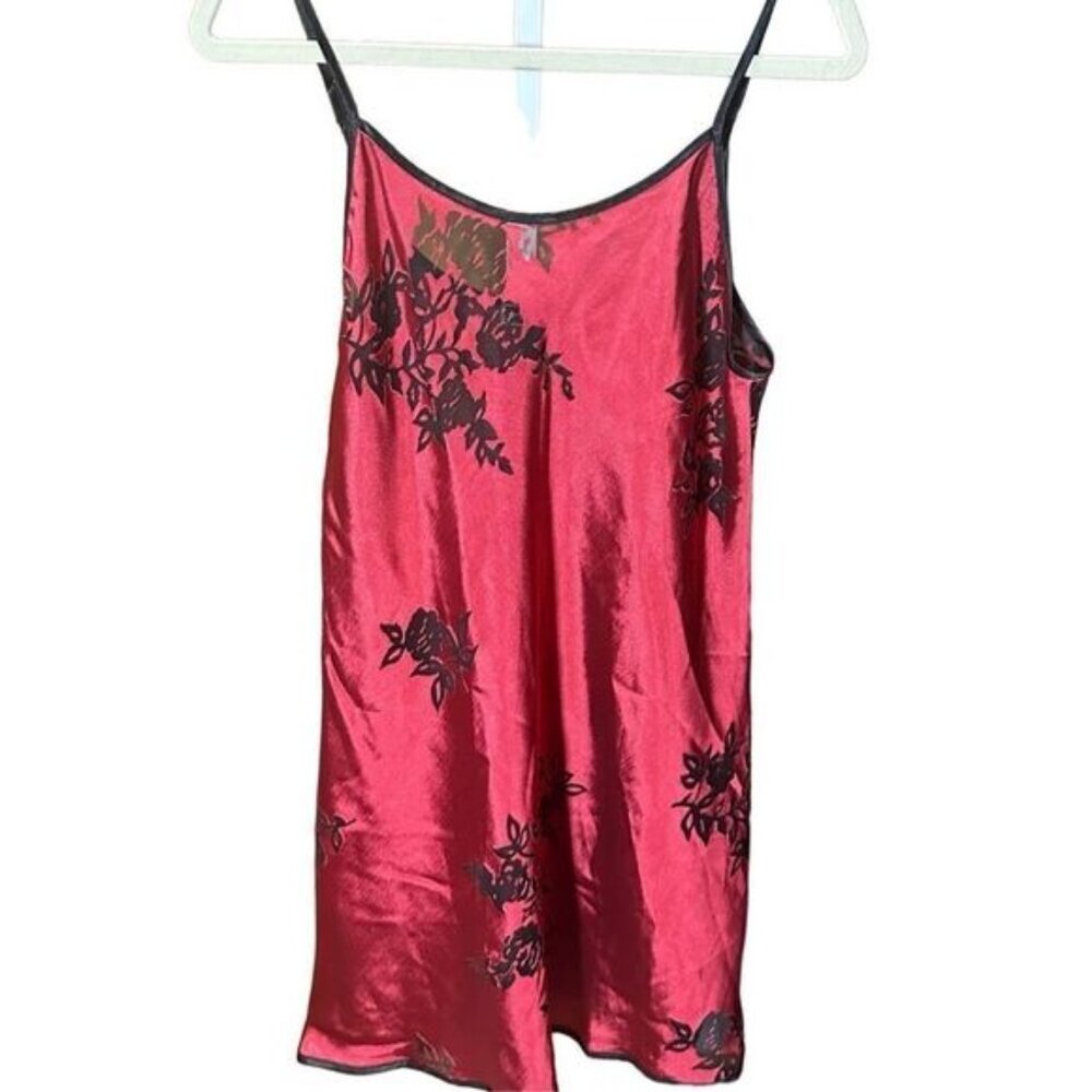 Vintage Halston 90s Y2K Red black embroidered floral Silky Cami Slip Dress Sz L